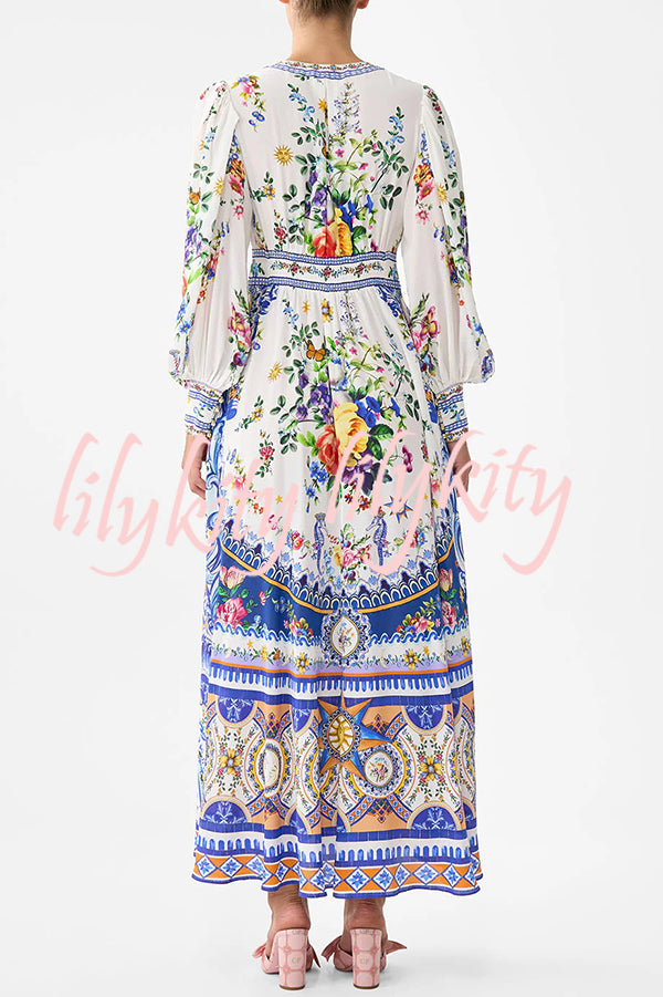 Fairy Tale Print V-Neck Lantern Sleeve Waist Maxi Dress