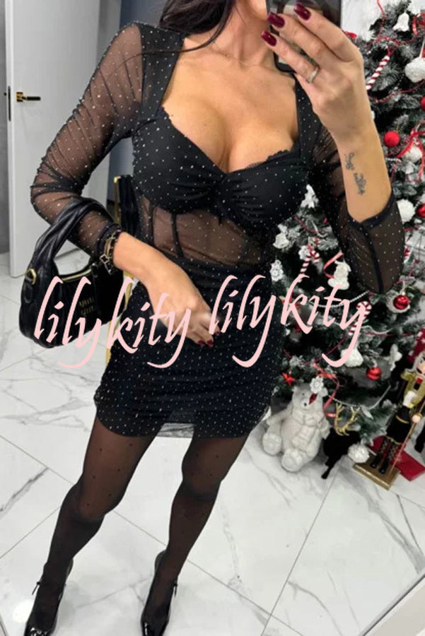 Gaze Mesh Glitter Fabric Sweetheart Neck Long Sleeve Stretch Mini Dress