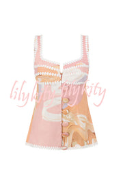 European Summer Linen Blend Ric Rac Trims Unique Print Button Tank
