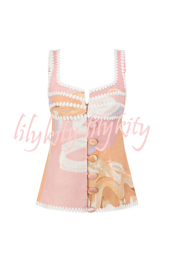 European Summer Linen Blend Ric Rac Trims Unique Print Button Tank