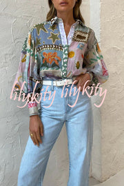 Fun and Nostalgic Unique Print Balloon Sleeve Button Loose Shirt