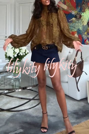 Reigna Semi-sheer Floral Lace Bow Neck Balloon Sleeve Loose Blouse