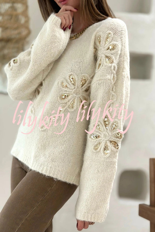 Fashionable Sequined Floral Loose Long-sleeved Knit Sweater