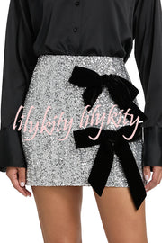 Holiday Party Sequin Velvet Bow Detail High Rise Stretch Mini Skirt