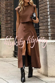 Solid Color Crew Neck Crop Top and High Waist Irregular Maxi Skirt Set