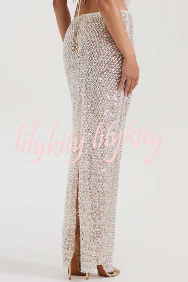The Great Gatsby Embellished Sequin Mid Rise Flare Maxi Skirt