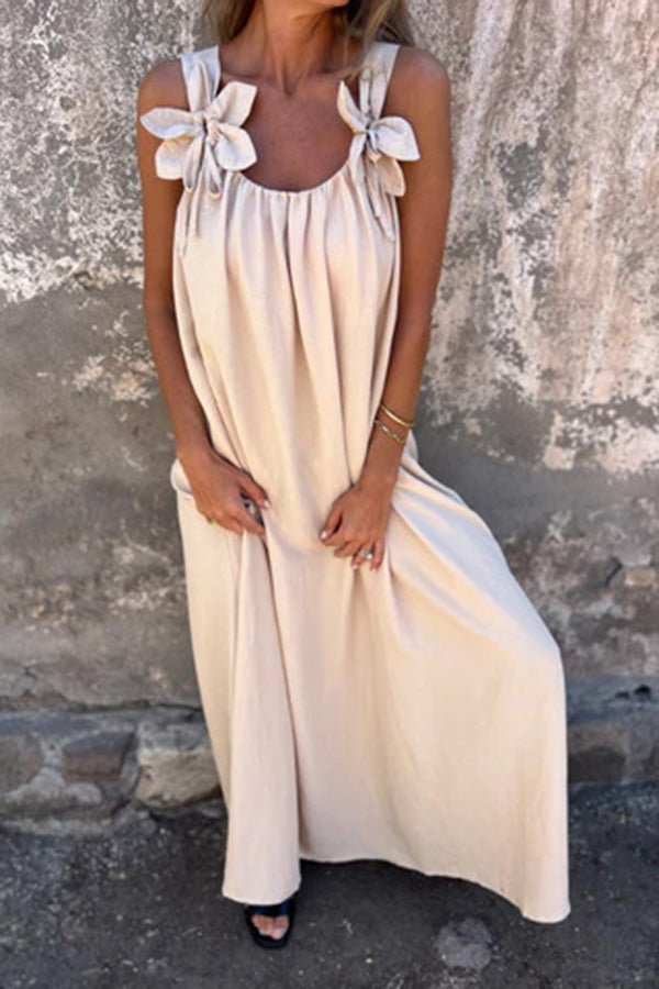 Solid Floral Embellished Sleeveless Loose Maxi Dress