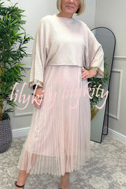 Fenna Ribbed Sequin Trim Batwing Sleeve Sweater and Pleated Tulle Stretch Tank Midi Dress Two-piece Set