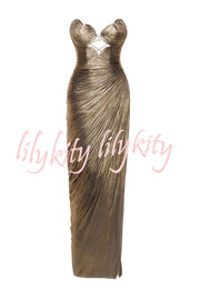 Amisha Metallic Pleated Shell Cups Hollow Gold Pendant Strapless Drape Slit Maxi Dress