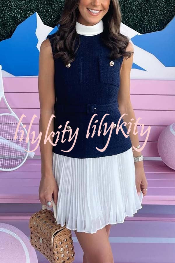 Sporty Elegance Tweed Metal Button Belted Pleated Hem Mini Dress