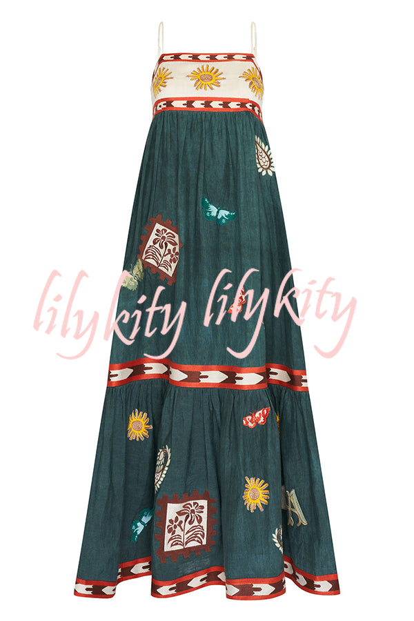 Unique Printed Sexy Suspender Backless Large Hem Maxi Dress