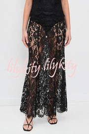 Make An Entrance Floral Stretch Lace Mid Rise Flare Maxi Skirt