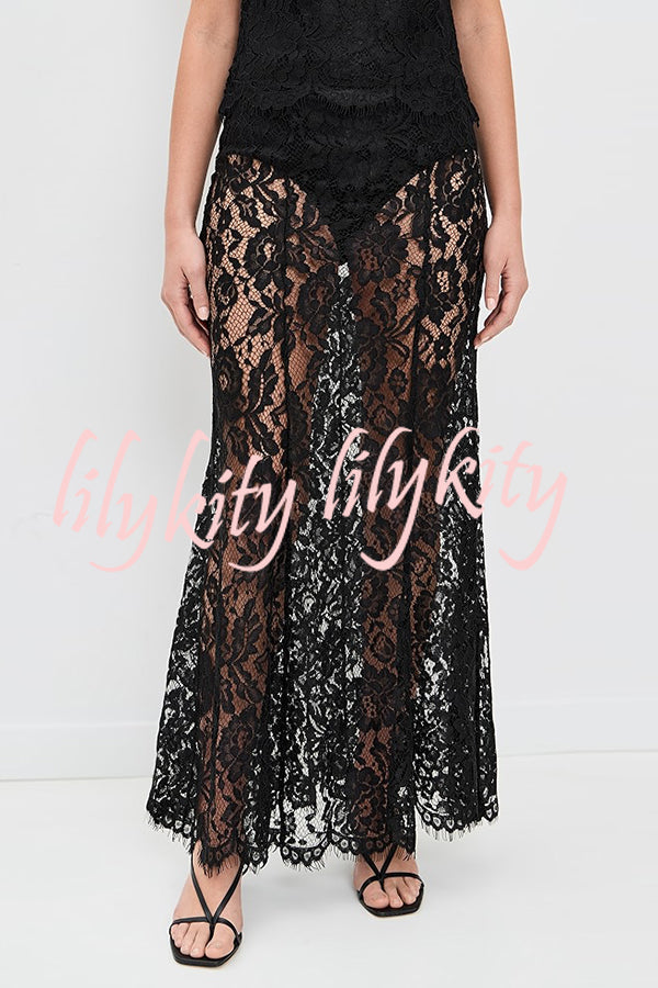 Make An Entrance Floral Stretch Lace Mid Rise Flare Maxi Skirt