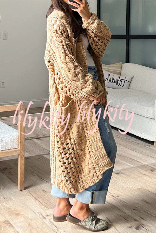 Jamila Knit Cable Cotout Long Sleeve Pocket Oversized Midi Cardigan