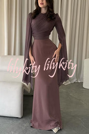 Liora Ruched Organza and Satin Patchwork Design Long Bell Slit Sleeve Maxi Dress