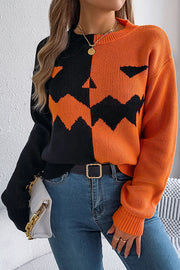 Halloween Pumpkin Contrast Color Long Sleeve Loose Sweater