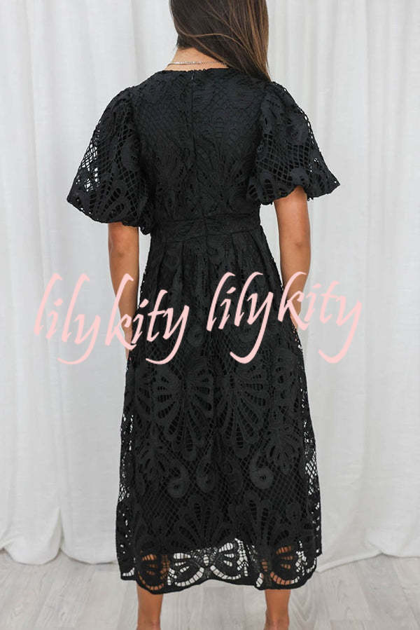 Solid Color V-neck Waist Slim Fit Hollow Lace Maxi Dress