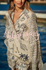 Live By Water Satin Unique Print Tassle Shirt and Elastic Waist Shorts Set