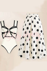 Bow Swimsuit and Elastic Waist Spotted One Piece Swimsuit + Skirt