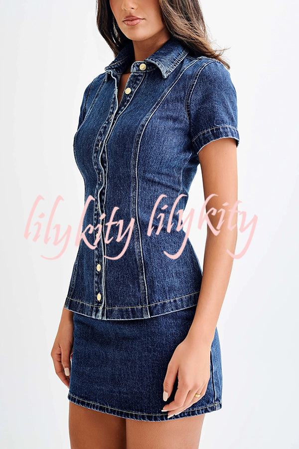 Modern Flavor Denim Short Sleeve Button Up Princess Seams Stretch Top