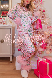 Iconic Holiday Printed Feather Trim Elastic Waist Pocketed Pajama Set