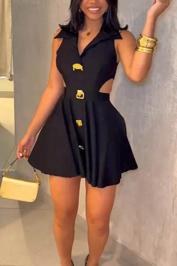 Fashion Sleeveless Lapel Metal Button Waist Cutout Mini Dress