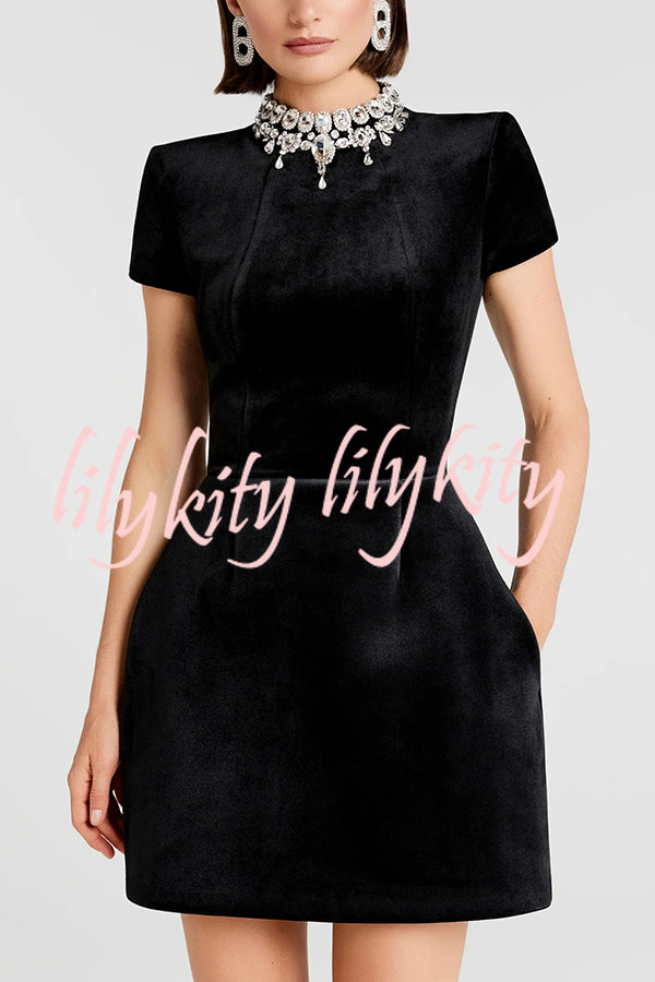 Regan Luxurious Velvet Jewel-encrusted Turtleneck Short Sleeve Pocket Tulip Mini Dress