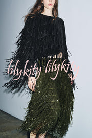 Party Crasher Layered Sequined Tassels High Rise Back Zipper Midi Skirt