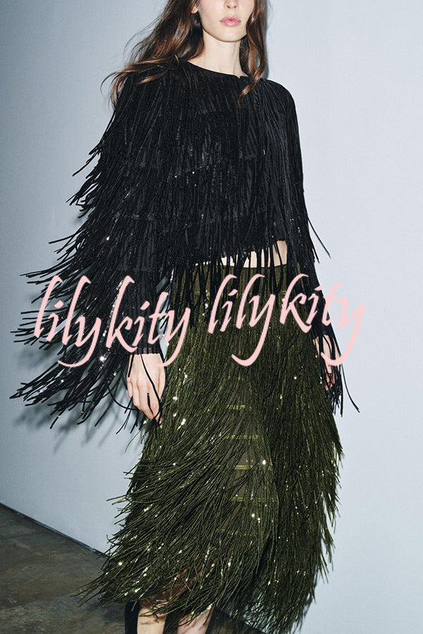 Party Crasher Layered Sequined Tassels High Rise Back Zipper Midi Skirt