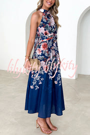 Floral Print Halterneck Tie Zip Smocked Maxi Dress