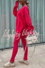 Solid Color Loose Long Sleeve SlitSweatshirt and Elastic Waist Tight Pants Set