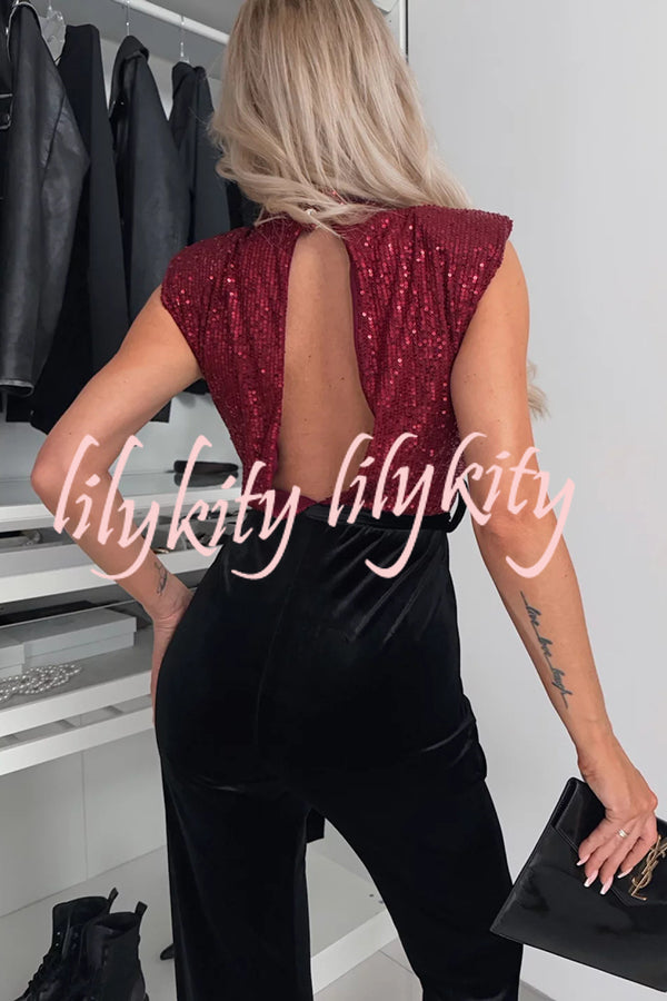 Perfect Party Style Sequin Velvet Patchwork Backless Flare Stretch Jumpsuit