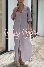 Linen Blend Solid Long Sleeve Buttoned Loose Shirt Style Maxi Dress