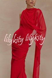 Fashionable Mesh Shawl Sleeveless Slim Fit Pleated Maxi Dress
