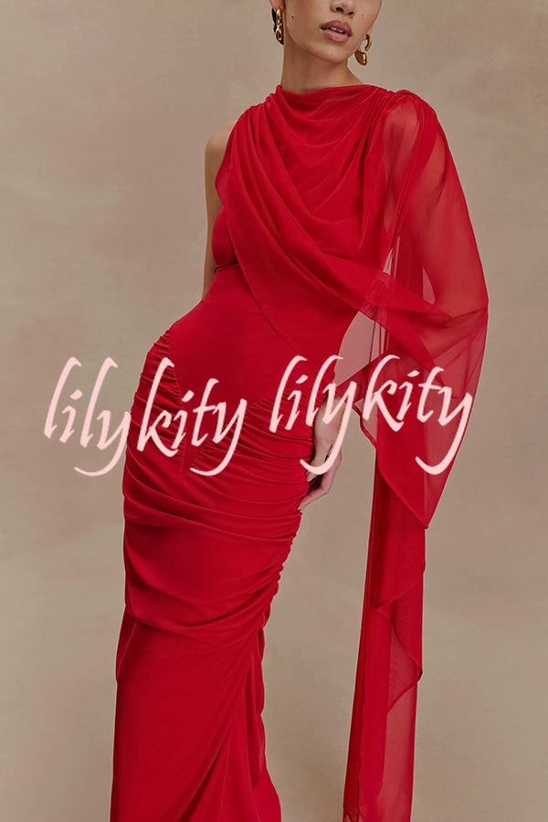 Fashionable Mesh Shawl Sleeveless Slim Fit Pleated Maxi Dress