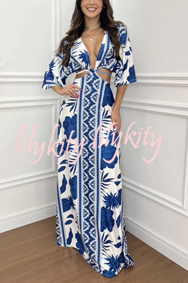 Wilma Unique Print Cutout Elastic Waist Tie-up Kimono Sleeve Maxi Dress