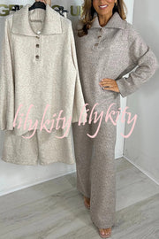 Solid Color Lapel Long-sleeved Loose Top and Elastic Waist Casual Pants Set