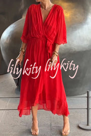 Solid Color V-neck Bat Sleeve Lace-up Irregular Hem Midi Dress