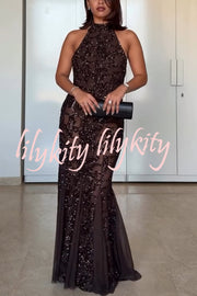 Twilight Gleam Sequin Textured Tulle Hem Halter Backless Maxi Dress