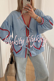 Lovely Plaid Heart Pattern Casual Lace-up Pocket Loose Shirt