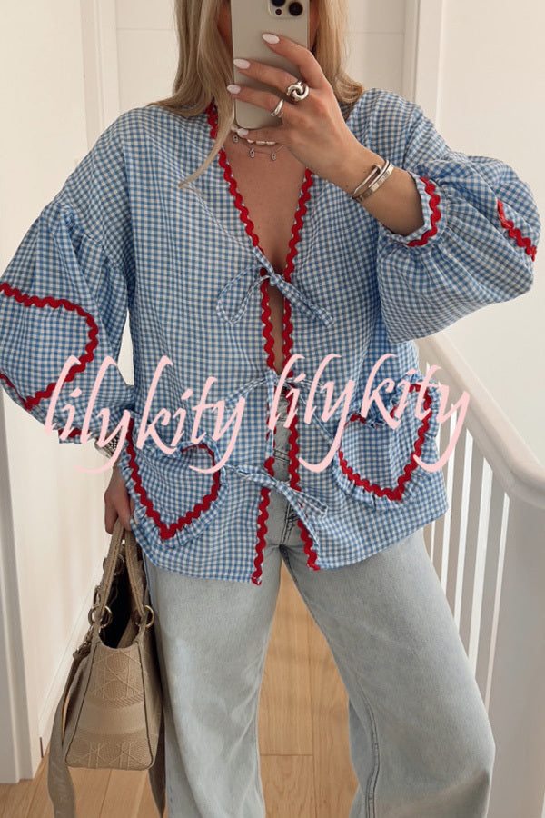 Lovely Plaid Heart Pattern Casual Lace-up Pocket Loose Shirt