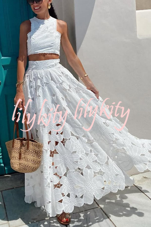 Next Trip Floral Embroidery Crochet Lace Crop Tank Top and Elastic Waist Pocket Maxi Skirt Set