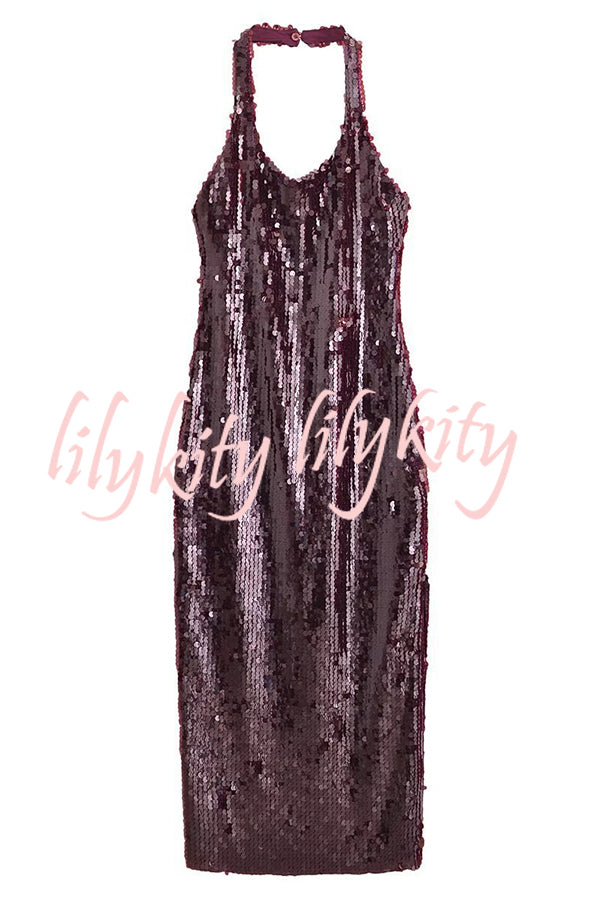 Night Glow Disc Sequin Halter Backless Slit Midi Dress