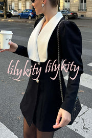 Elegance in Classic Contrast Color Metal Buckle Lapel Blazer Mini Dress