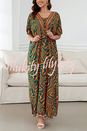 Floral Print V-Neck Lace-Up Loose Holiday Cover-Up Maxi Dress