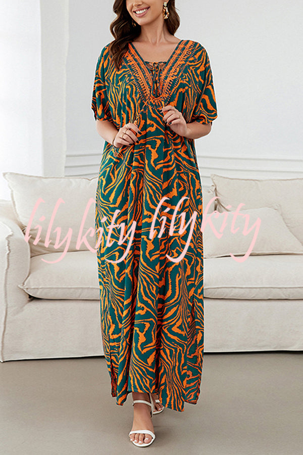 Floral Print V-Neck Lace-Up Loose Holiday Cover-Up Maxi Dress