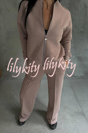 Solid Color Casual Long Sleeve Zipper Jacket and Elastic Waist Pocket Wide Leg Pants Set