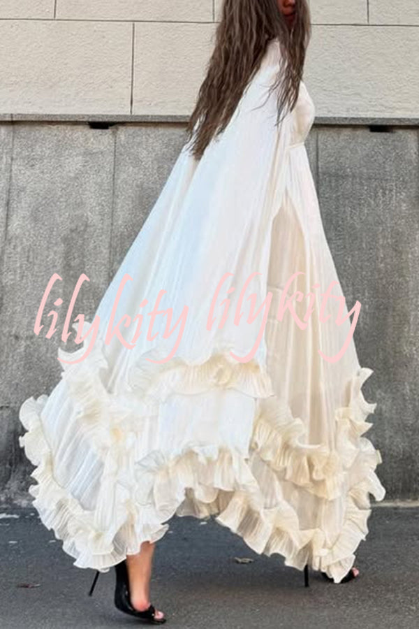Fashionable V-neck Lace-up Ruffled Double-layer Hem Maxi Dress