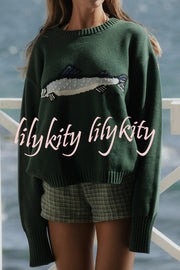 Fashionable Fish Pattern Round Neck Loose Knitted Sweater