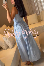 Kaya Embroidery Hollow Lace Back Smocked Tank and Elastic Waist A-line Maxi Skirt Set
